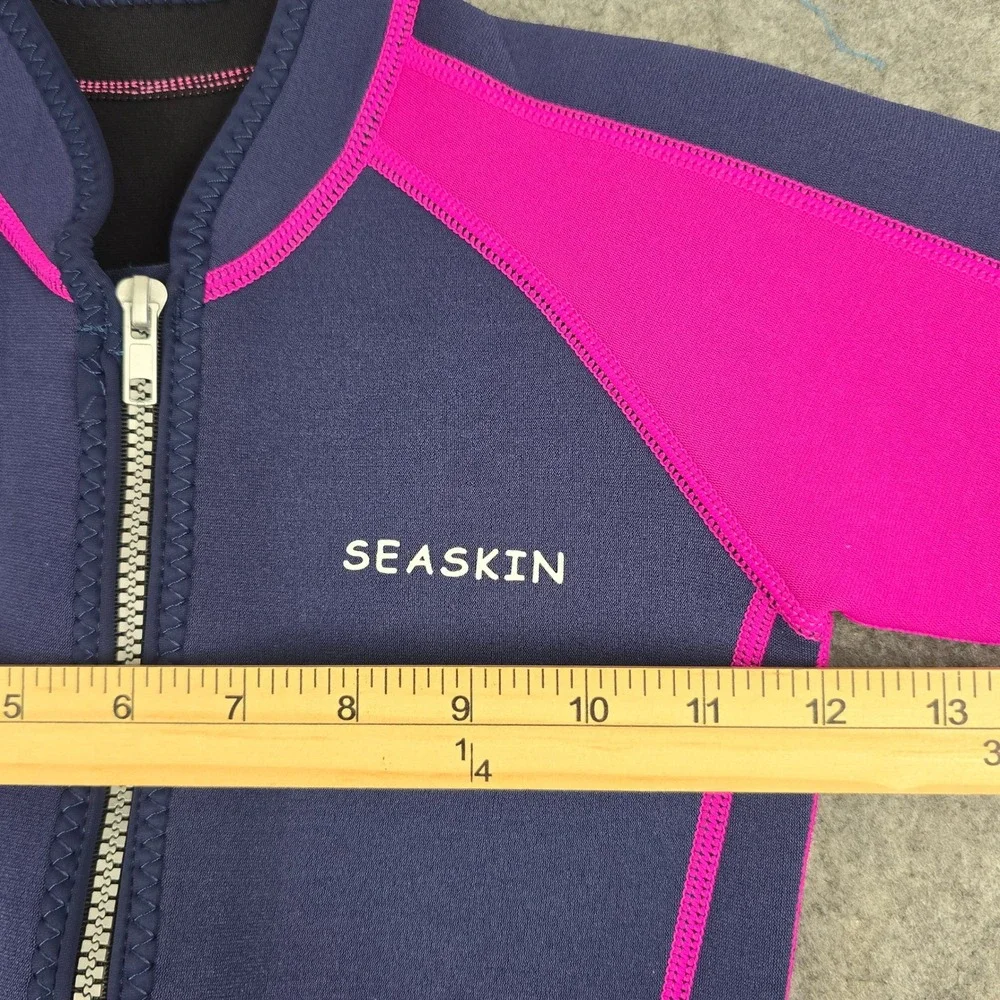 Seaskin Wetsuit Girls Size 6 Navy Pink Shorty Front Zip Short Sleeve Wetsuit